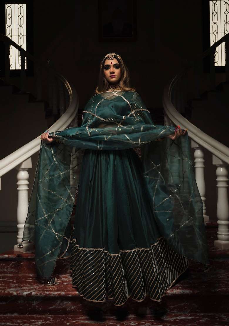 Green Gotta Patti Silk Lehenga Set for Diwali and Festive Wear - Indya
