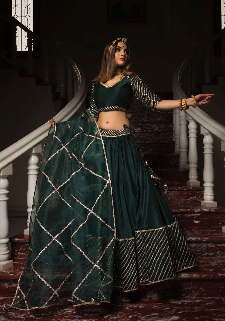 Green Gotta Patti Silk Lehenga Set for Diwali and Festive Wear - Indya