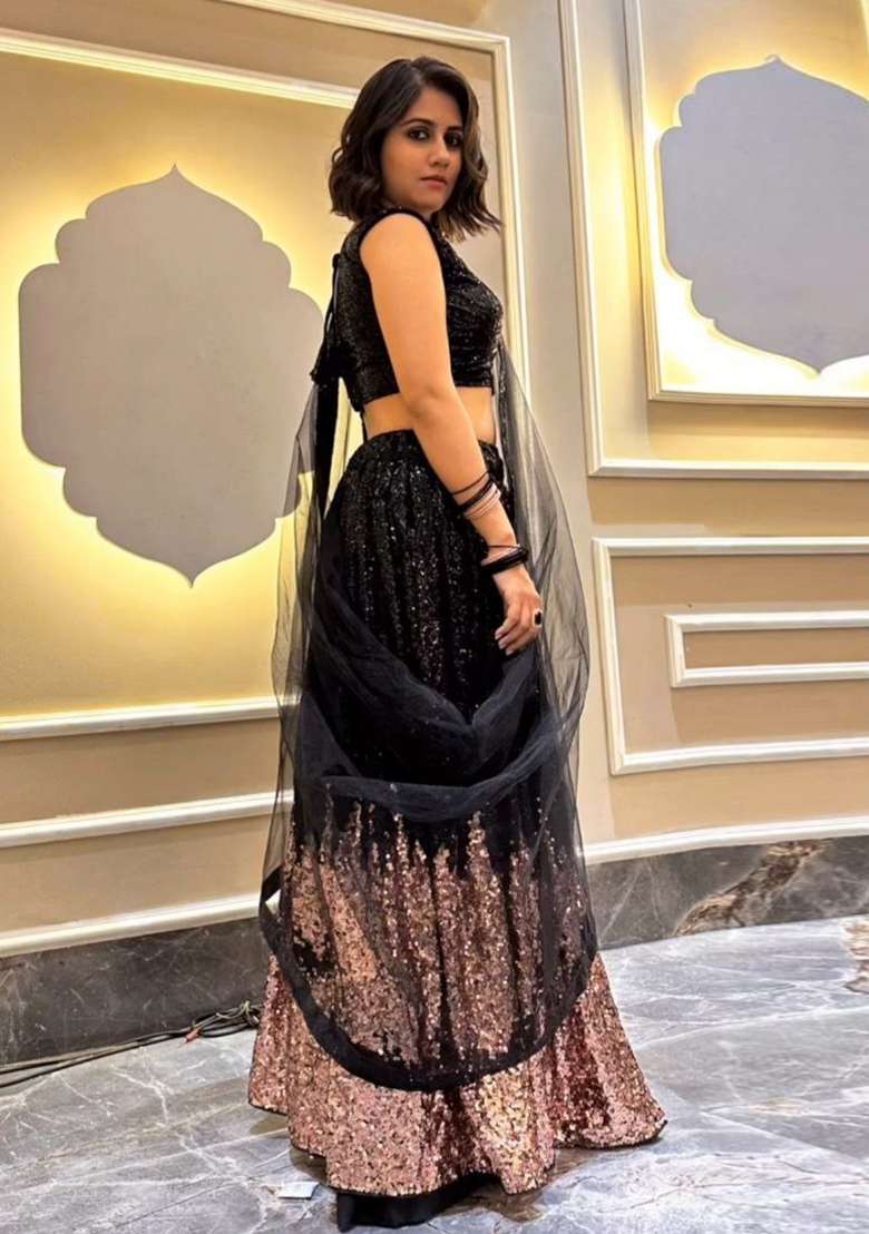 Black Sequin Work Georgette Lehenga Set - Indya