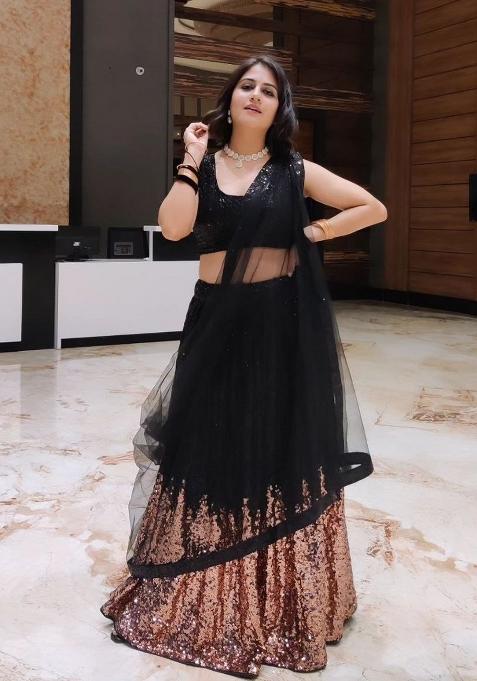 Black Sequin Work Georgette Lehenga Set