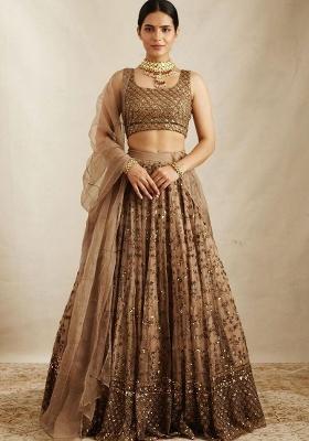 Beige Sequin Work Satin Lehenga Set
