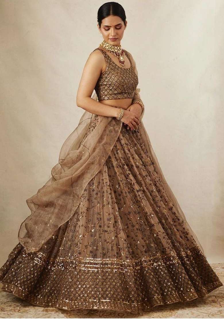 Beige Work Satin Lehenga Set with Sequin for Diwali | Wedding & Festive Wear - Indya