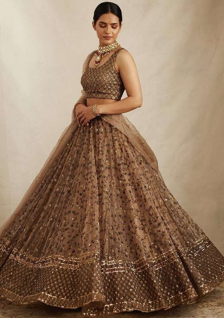 Beige Work Satin Lehenga Set with Sequin for Diwali | Wedding & Festive Wear - Indya