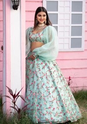 Teal Embroidered Silk Lehenga Set