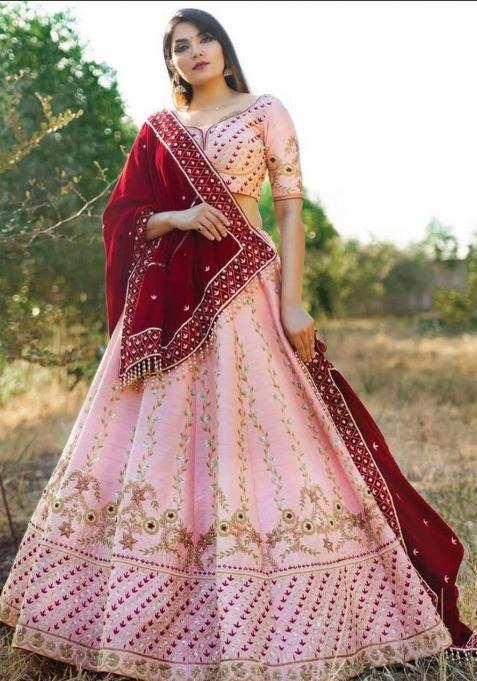 Peach Embroidered Silk Lehenga Set