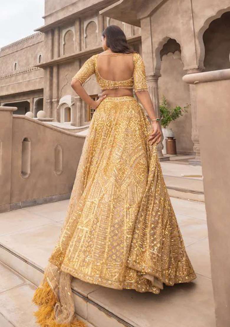 Yellow Work Net Lehenga Set with Sequin for Diwali | Wedding & Festive Wear - Indya