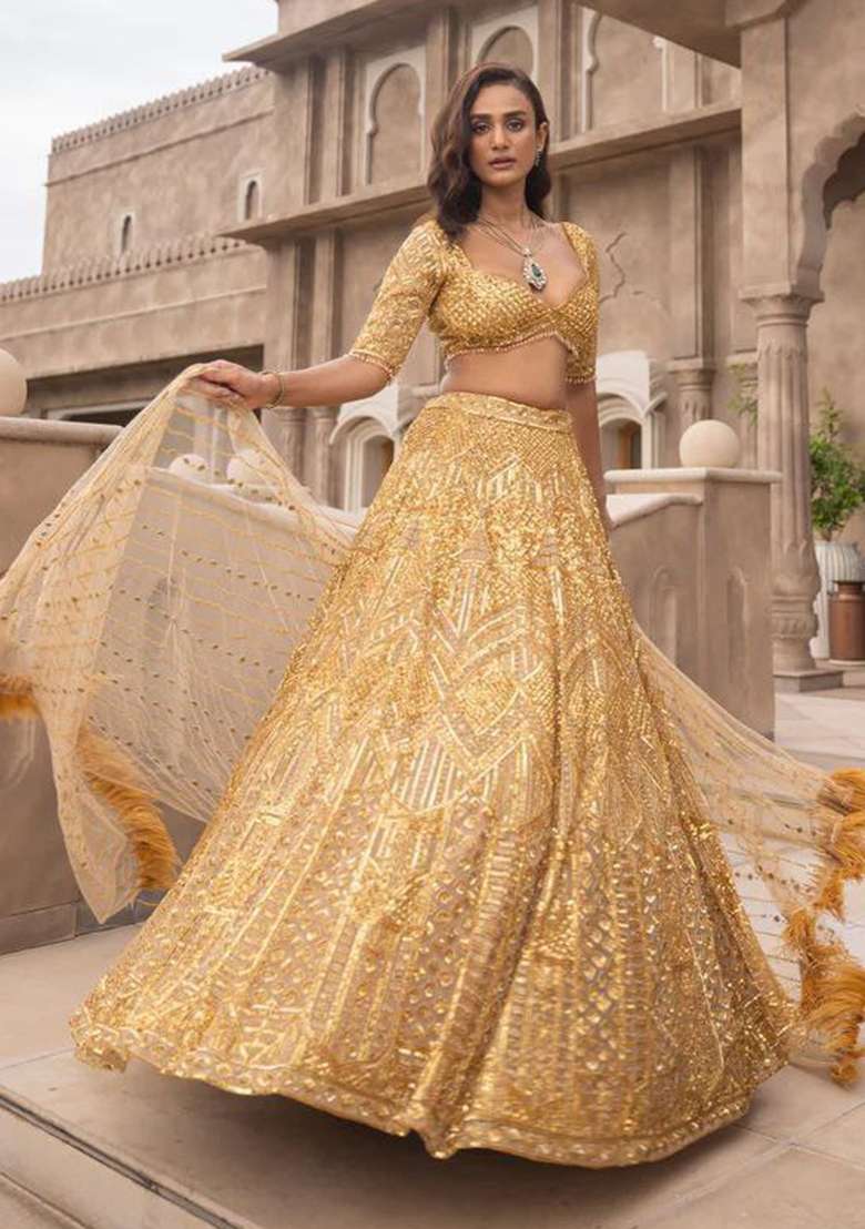 Yellow Work Net Lehenga Set with Sequin for Diwali | Wedding & Festive Wear - Indya