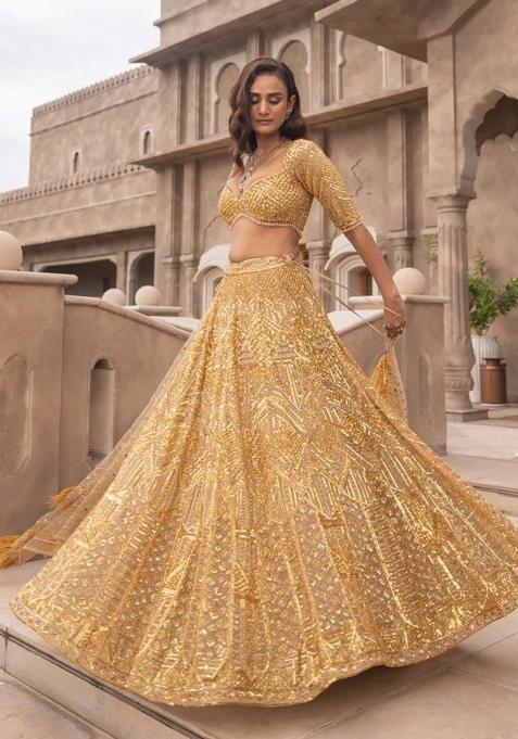 Yellow Sequin Work Net Lehenga Set