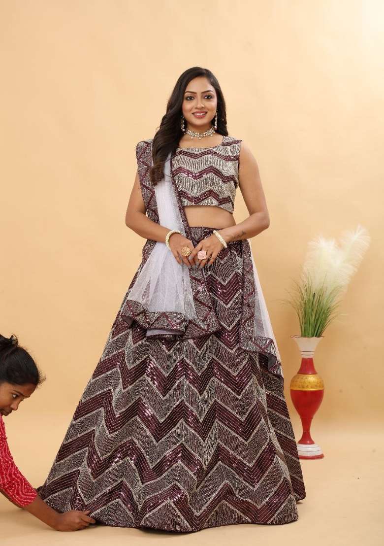 Multicolor Work Satin Lehenga Set with Sequin for Diwali | Wedding & Festive Wear - Indya