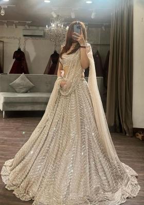Cream Sequin Work Silk Lehenga Set