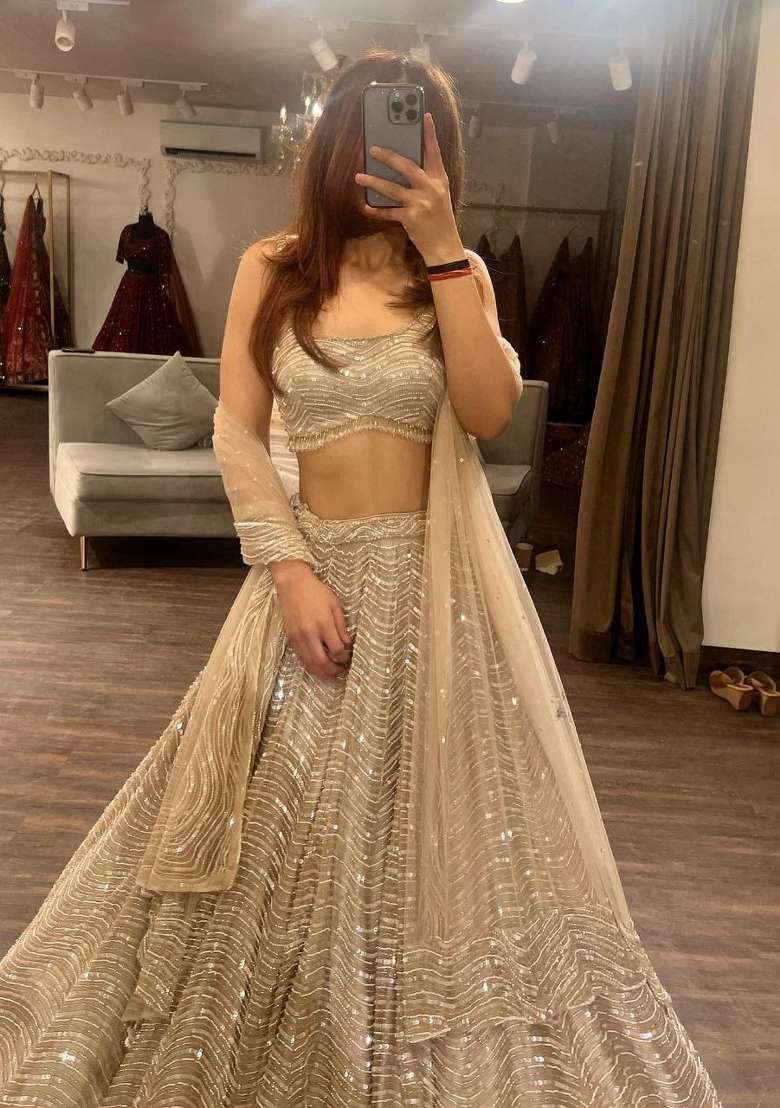 Cream Work Silk Lehenga Set with Sequin for Diwali | Wedding & Festive Wear - Indya