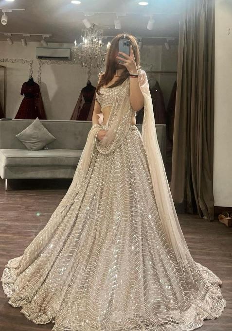 Cream Sequin Work Silk Lehenga Set