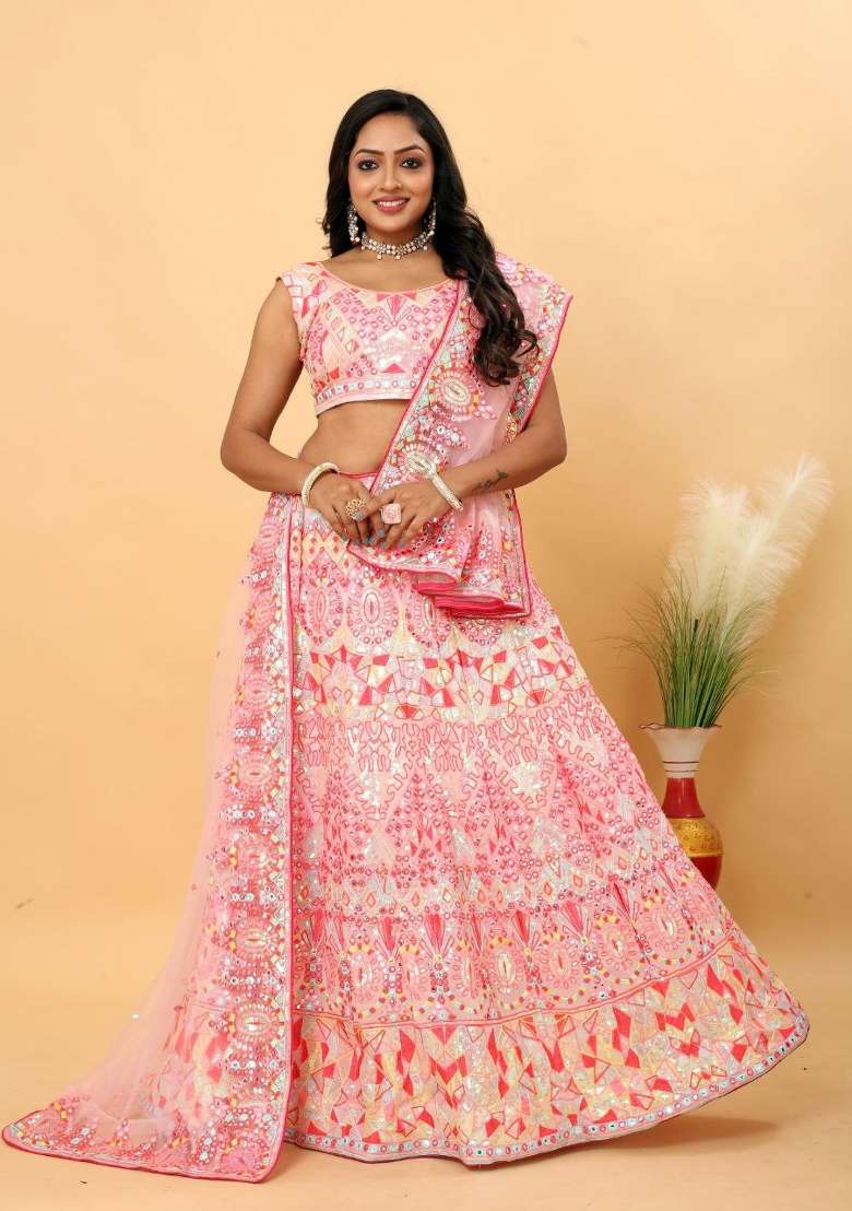 Pink Embroidered Georgette Lehenga Set - Indya