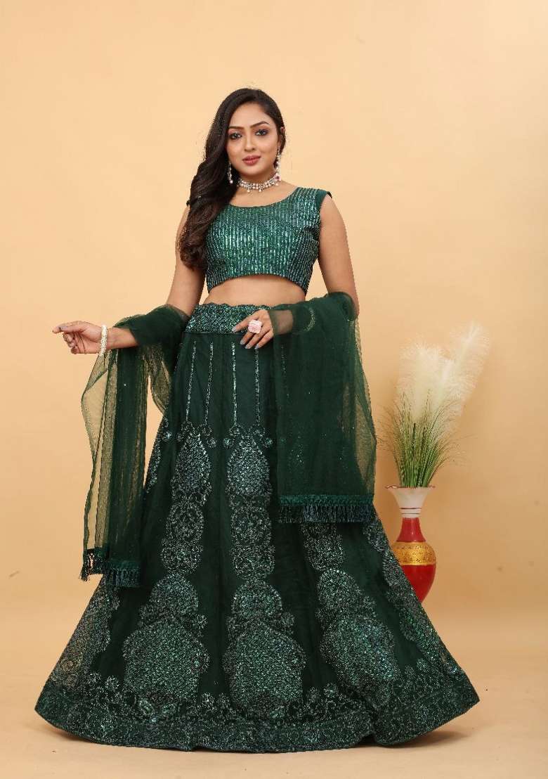 Green Sequin Work Net Lehenga Set for Diwali and Festive Wear - Indya