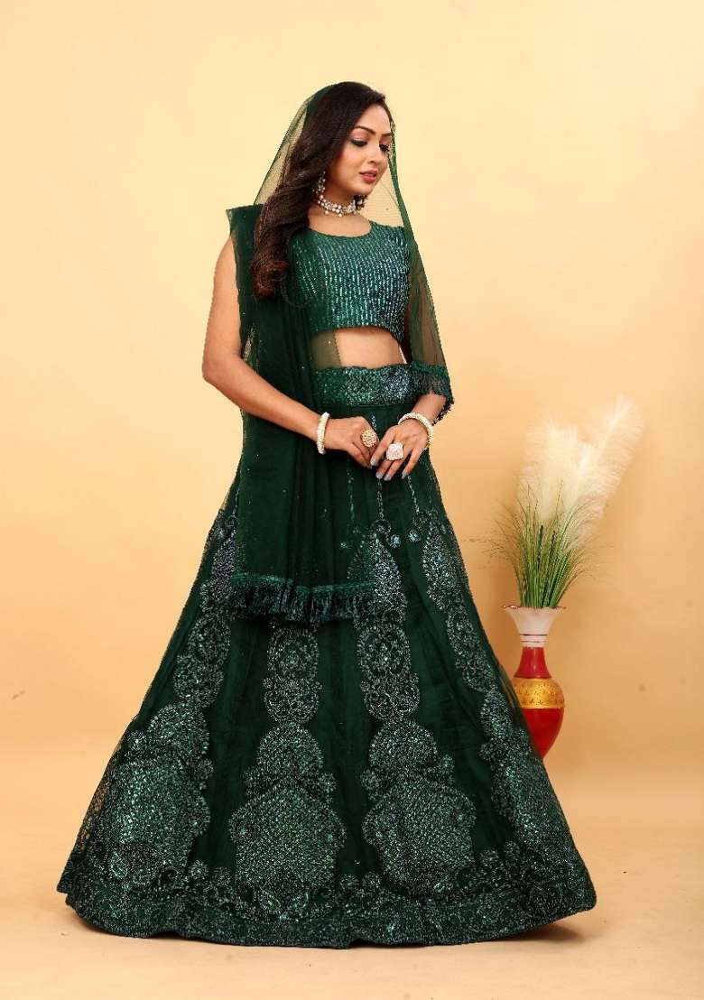 Green Sequin Work Net Lehenga Set for Diwali and Festive Wear - Indya