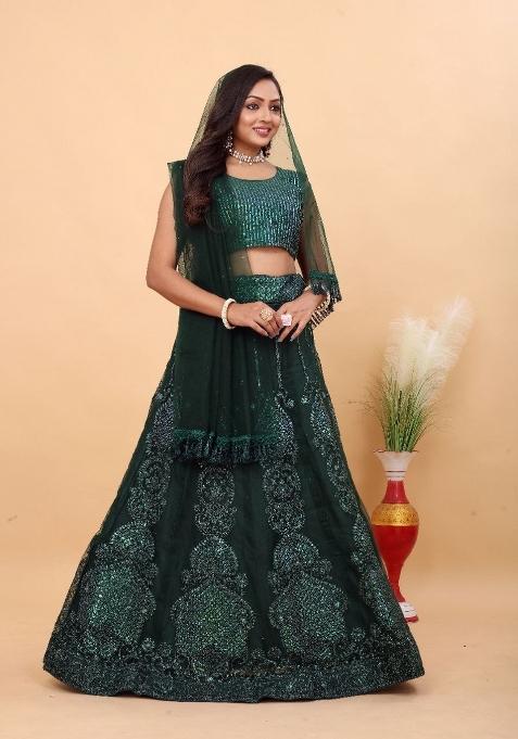 Green Sequin Work Net Lehenga Set