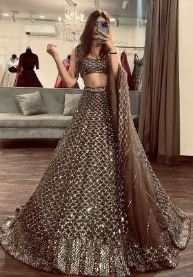 Brown Sequin Work Net Lehenga Set