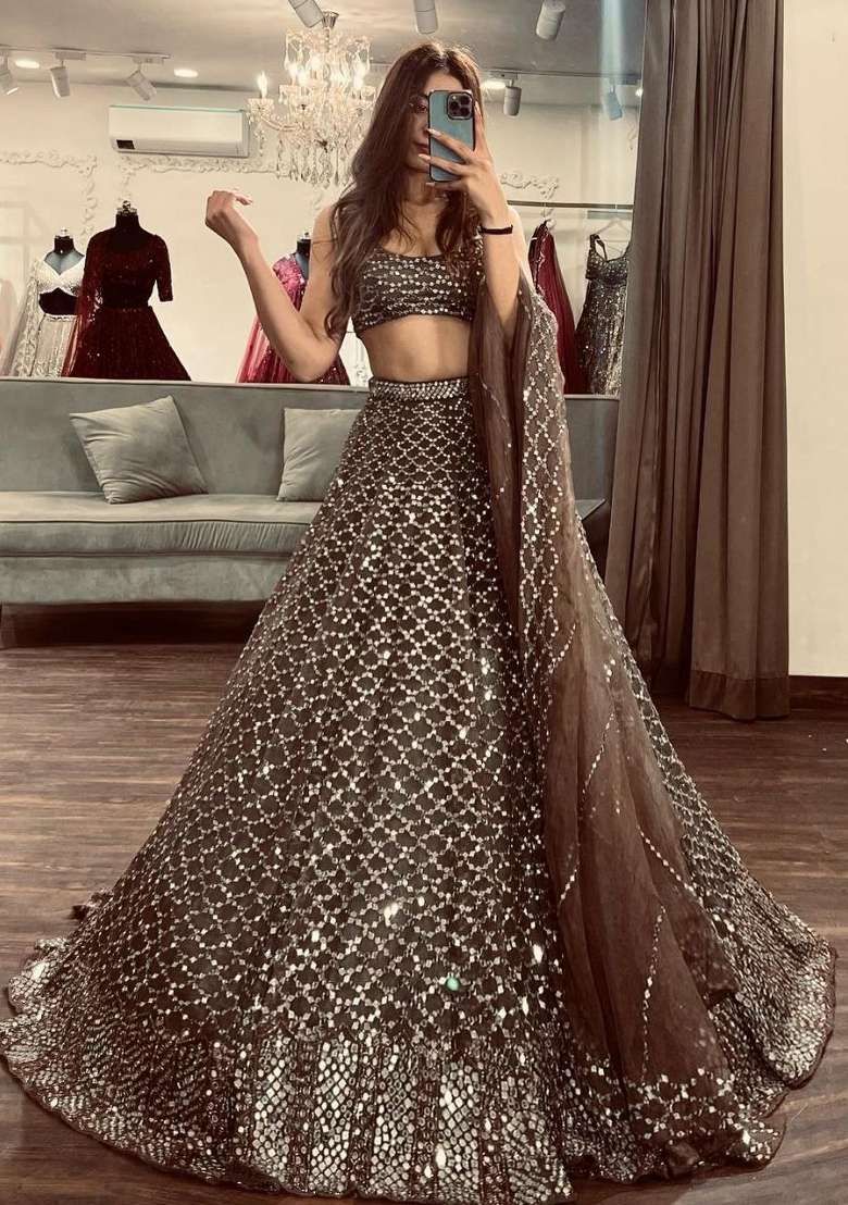 Brown Sequin Work Net Lehenga Set - Indya