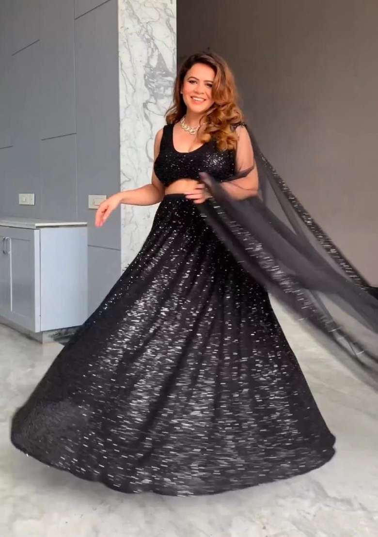 Black Work Georgette Lehenga Set with Sequin for Diwali | Wedding & Festive Wear - Indya