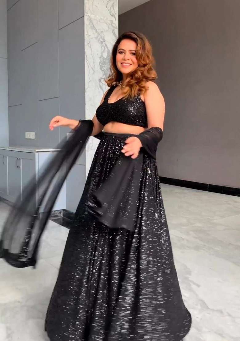 Black Work Georgette Lehenga Set with Sequin for Diwali | Wedding & Festive Wear - Indya