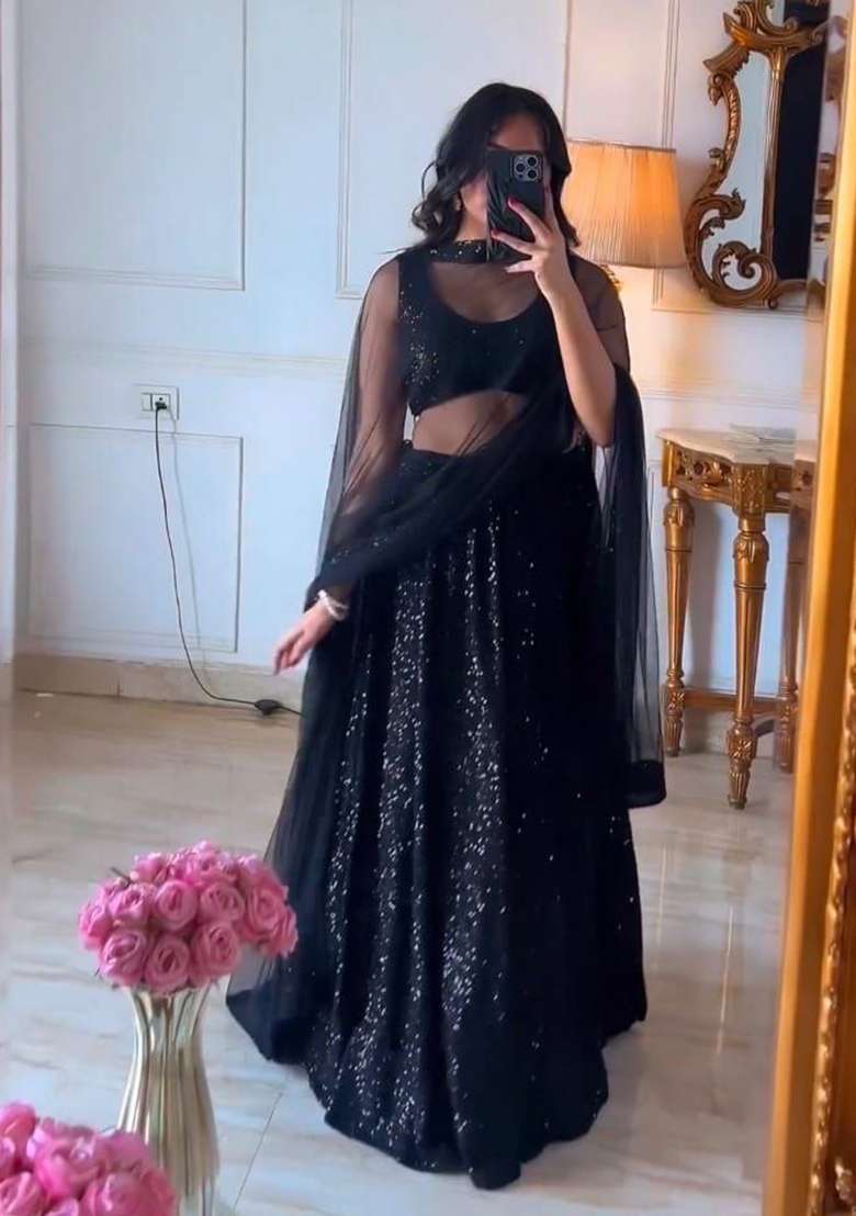 Black Work Georgette Lehenga Set with Sequin for Diwali | Wedding & Festive Wear - Indya