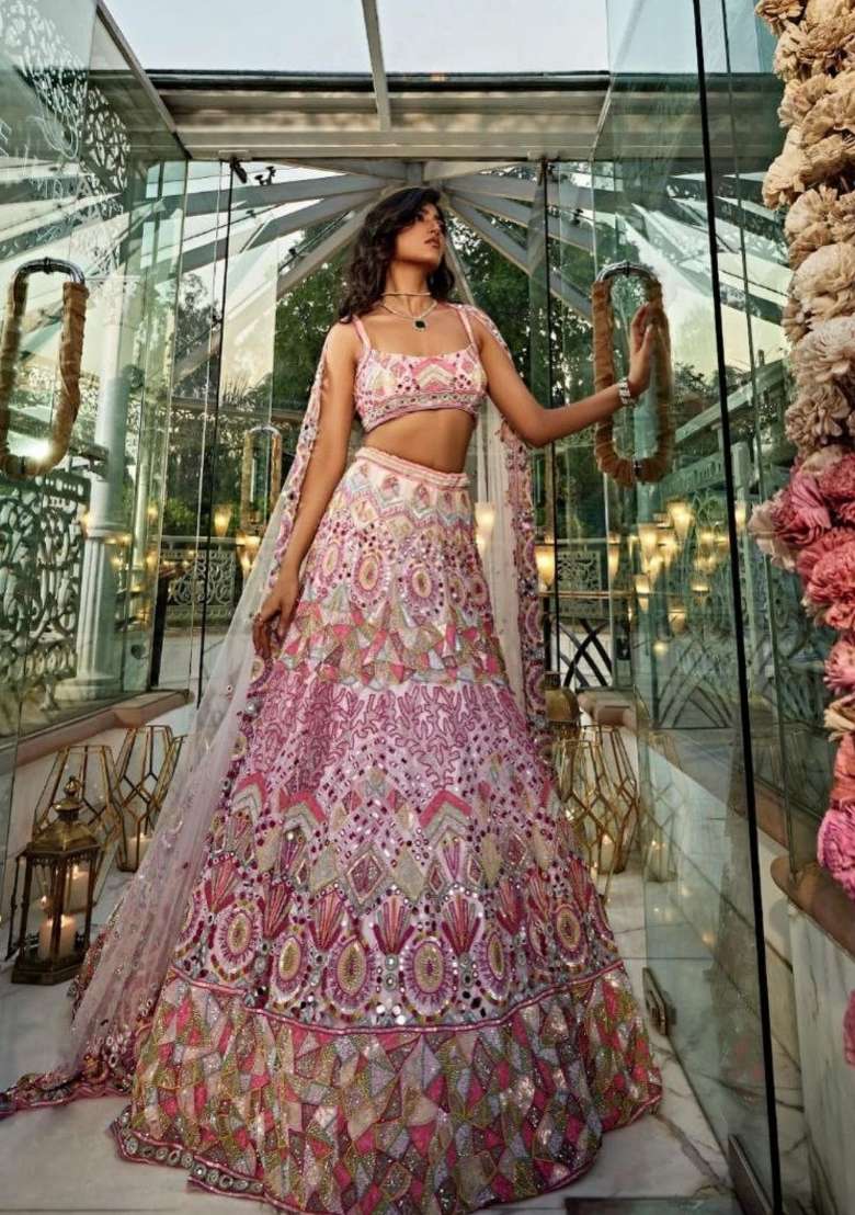 Multicolor Embroidered Georgette Lehenga Set - Indya