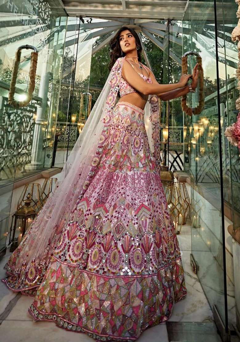 Multicolor Embroidered Georgette Lehenga Set - Indya