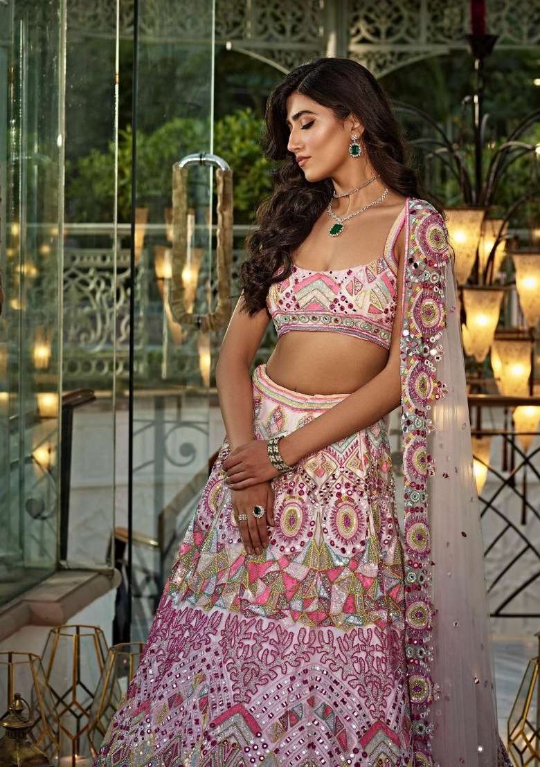 Multicolor Embroidered Georgette Lehenga Set - Indya