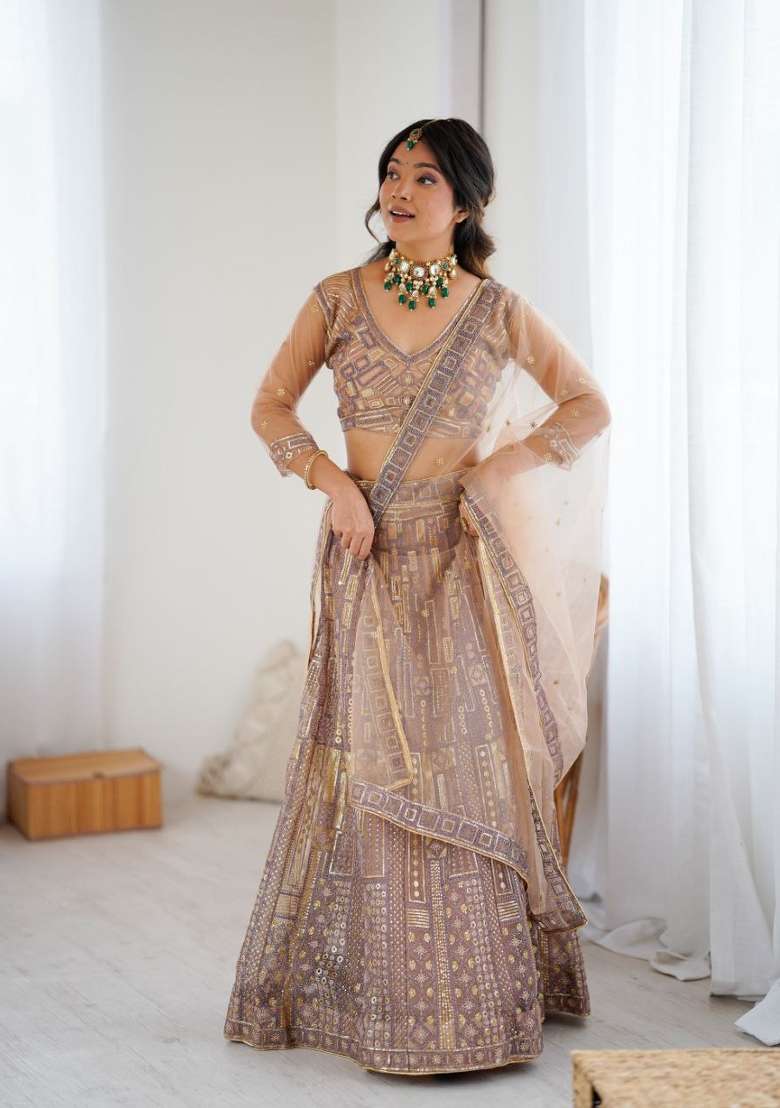 Peach Sequin Work Georgette Lehenga Set for Diwali and Festive Wear - Indya