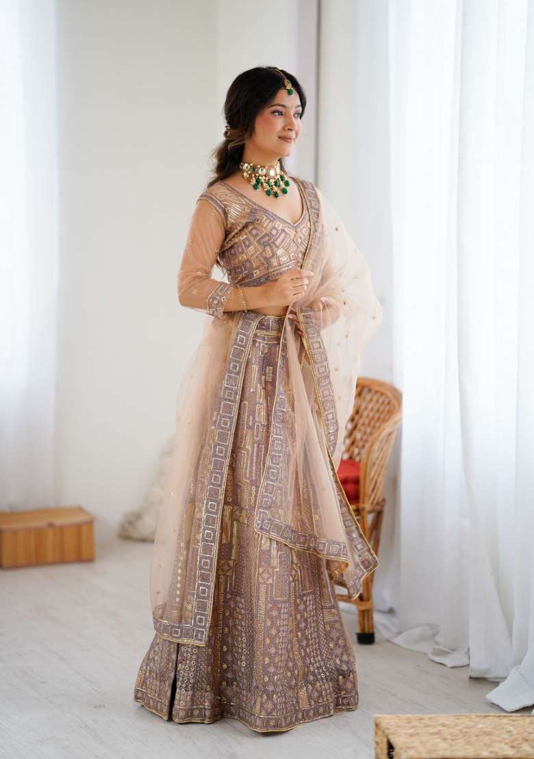 Peach Sequin Work Georgette Lehenga Set for Diwali and Festive Wear - Indya