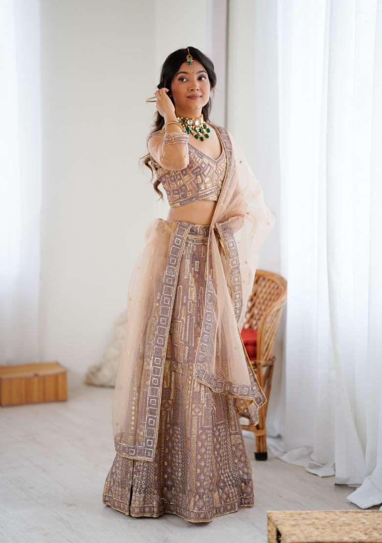 Peach Sequin Work Georgette Lehenga Set for Diwali and Festive Wear - Indya