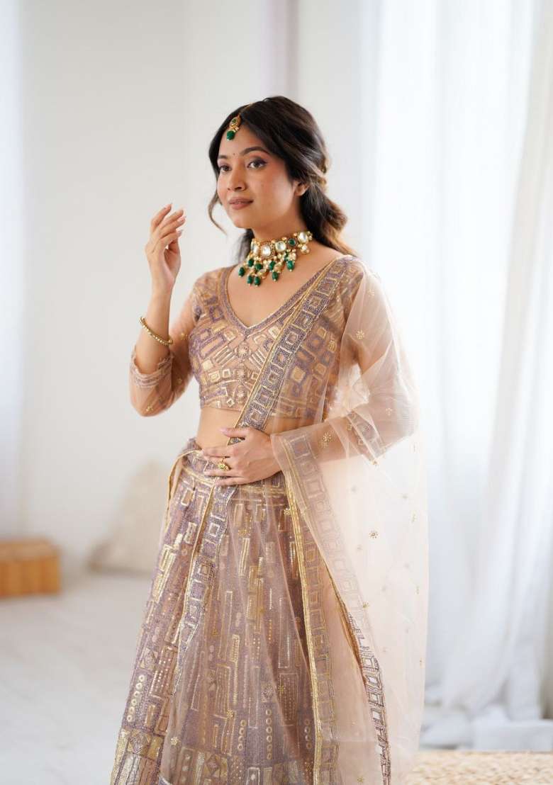 Peach Sequin Work Georgette Lehenga Set for Diwali and Festive Wear - Indya