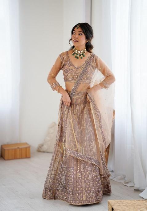Peach Sequin Work Georgette Lehenga Set