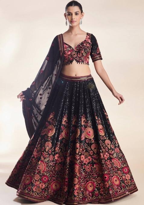 Black Embroidered Georgette Lehenga Set