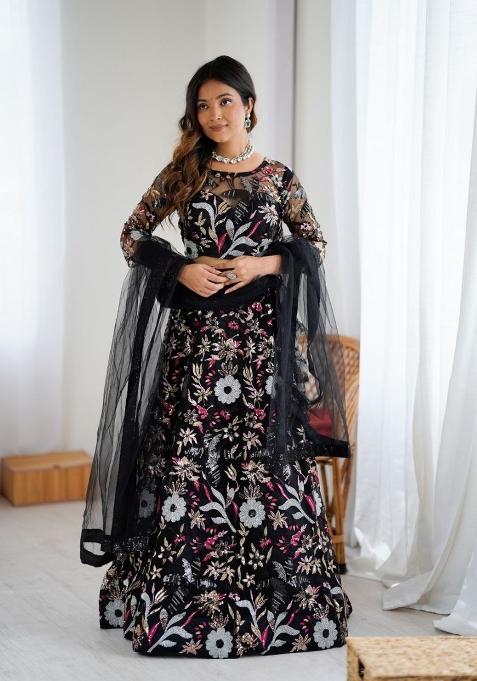 Black Embroidered Net Lehenga Set