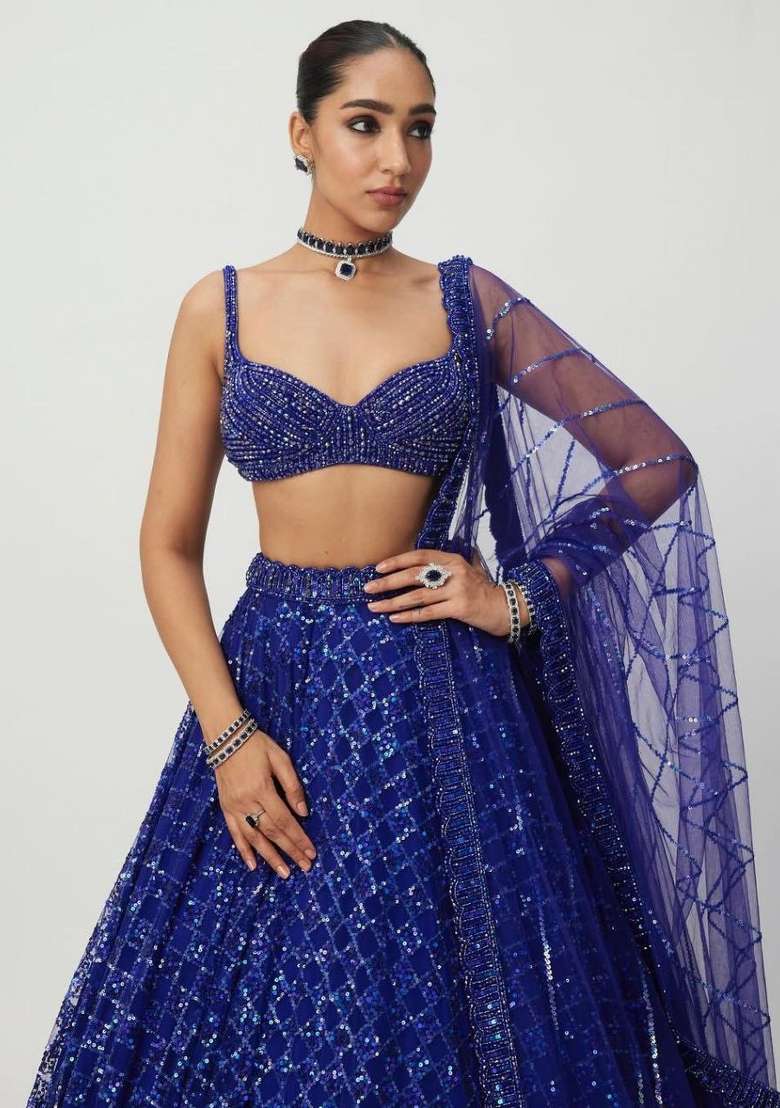 Royal Blue Work Net Lehenga Set with Sequin for Diwali | Wedding & Festive Wear - Indya