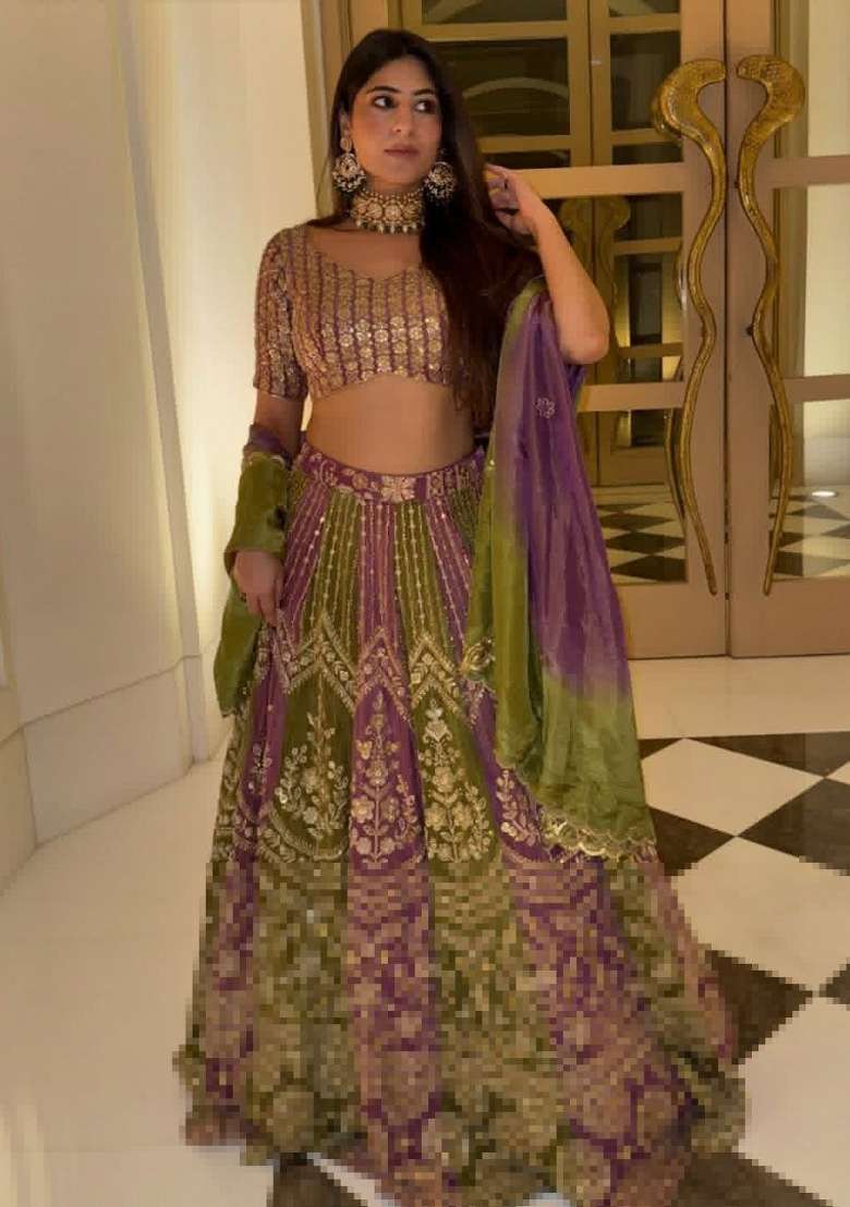 Multicolor Embroidered Georgette Lehenga Set - Indya