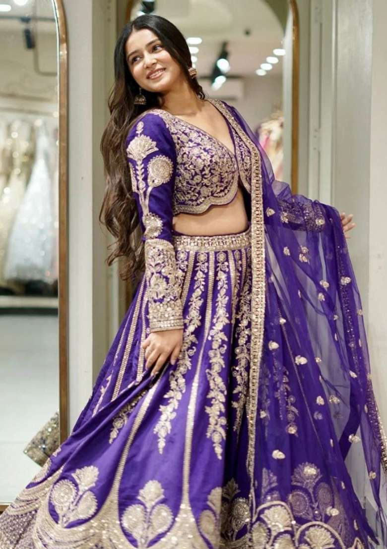 Royal Blue Embroidered Silk Lehenga Set - Indya