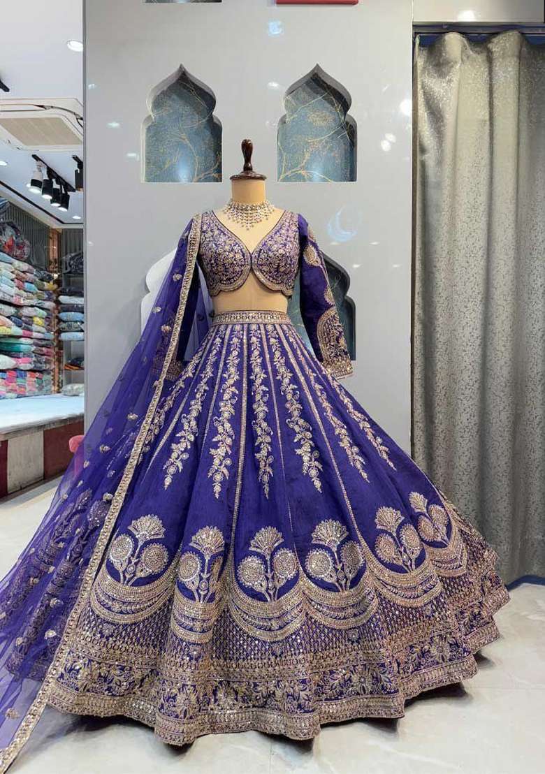 Royal Blue Embroidered Silk Lehenga Set - Indya