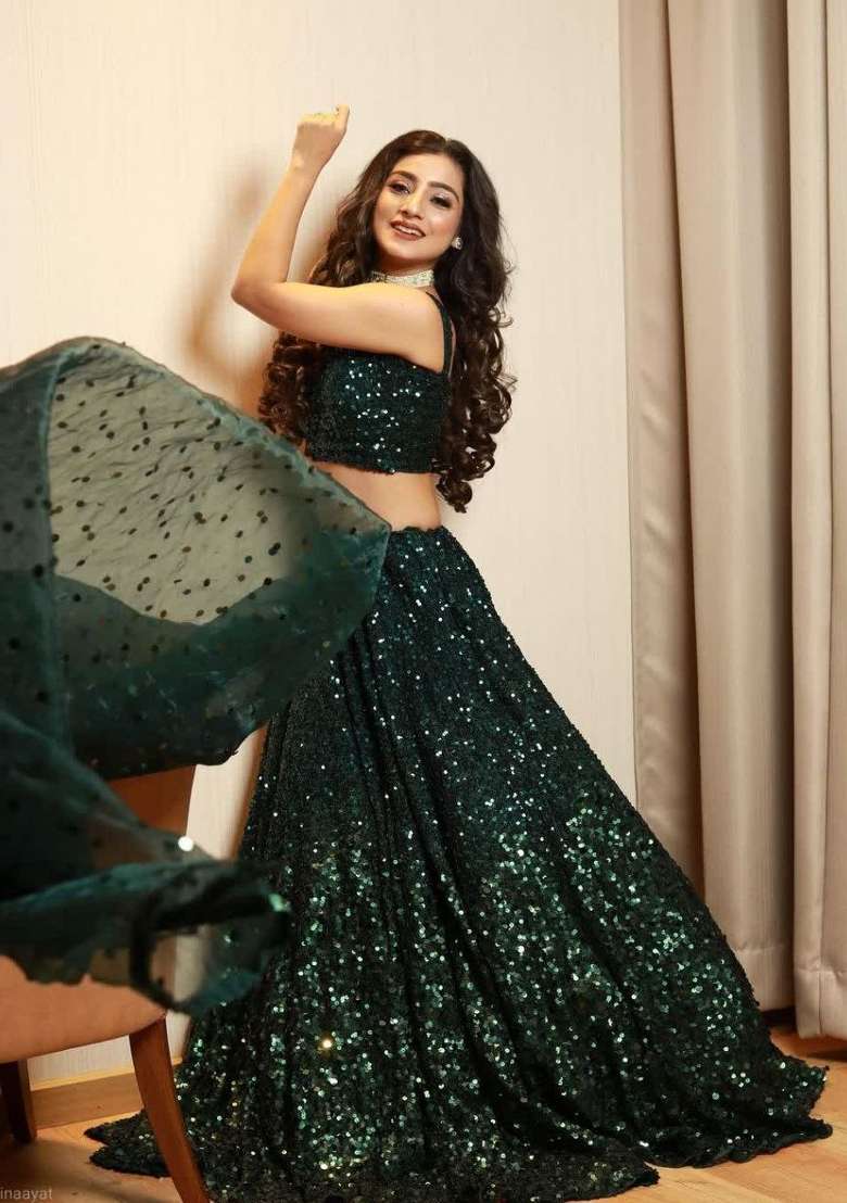 Green Work Satin Lehenga Set with Sequin for Diwali | Wedding & Festive Wear - Indya