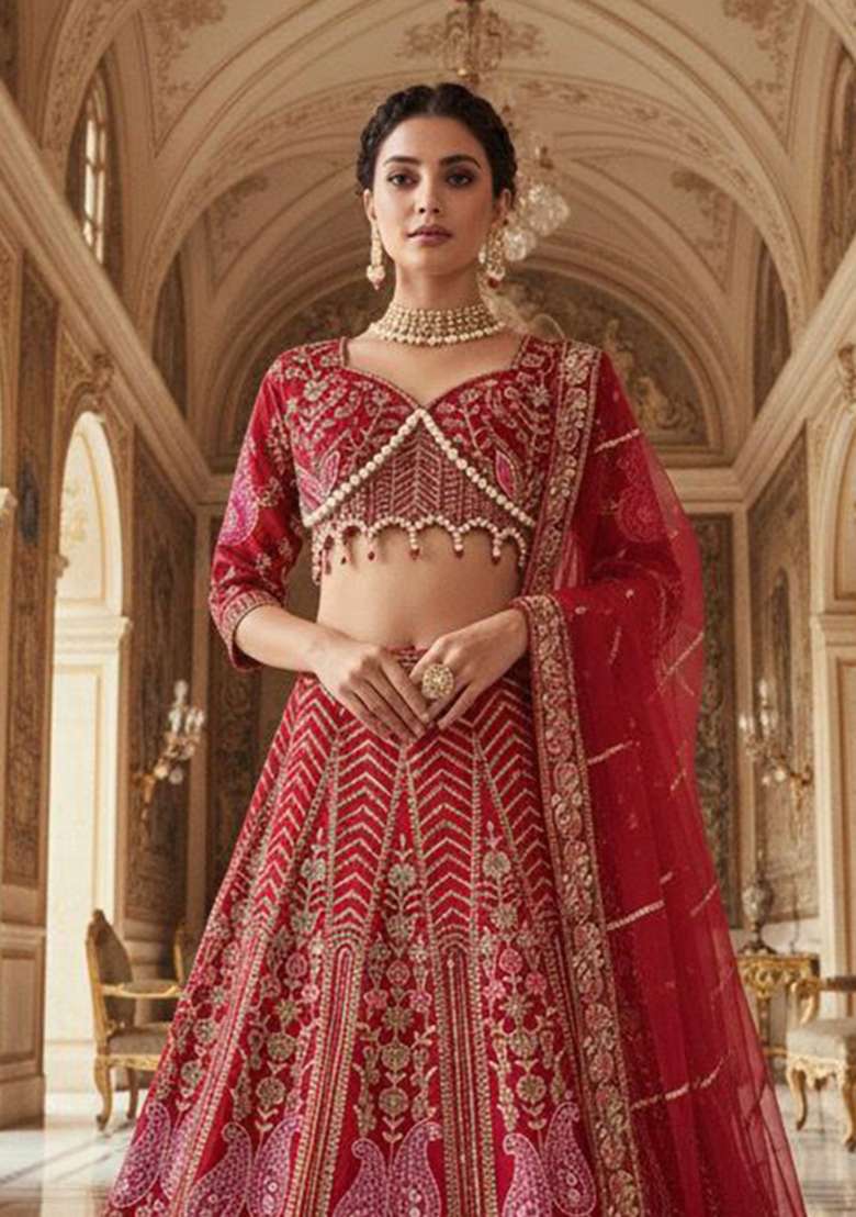 Red Embroidered Silk Lehenga Set - Indya