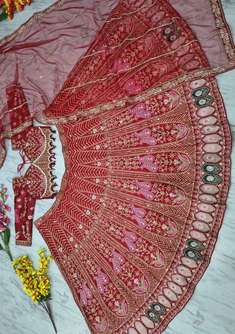 Red Embroidered Silk Lehenga Set - Indya