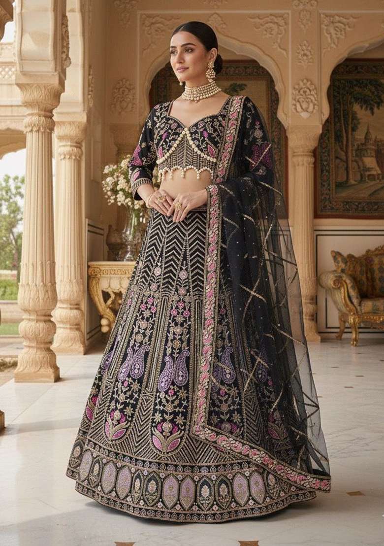 Black Embroidered Silk Lehenga Set - Indya