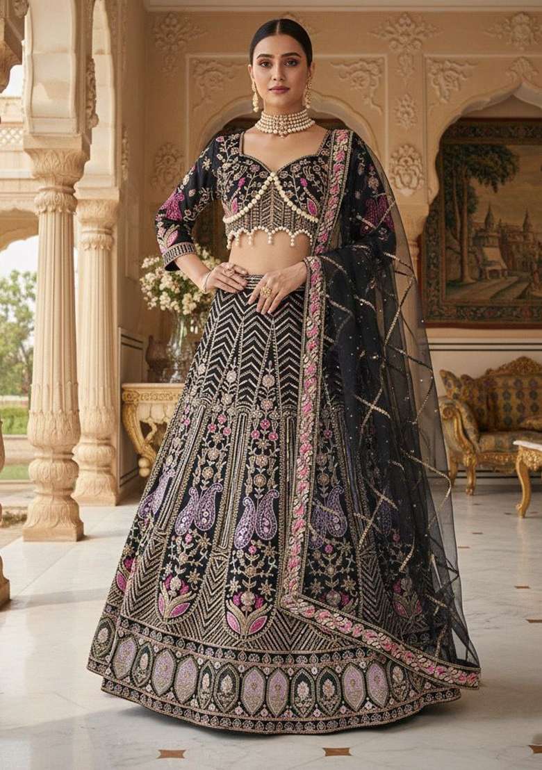 Black Embroidered Silk Lehenga Set - Indya