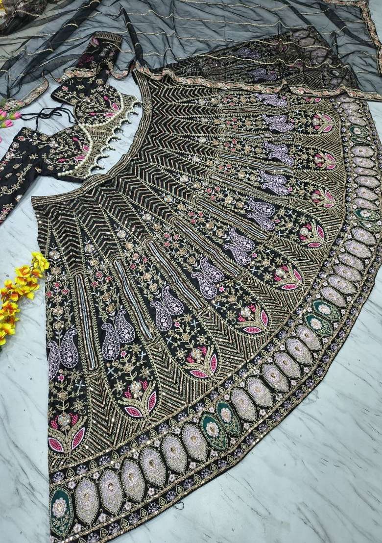 Black Embroidered Silk Lehenga Set - Indya