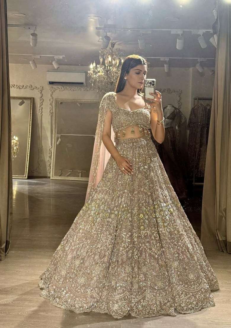 Peach Embroidered Georgette Lehenga Set for Diwali and Festive Wear - Indya