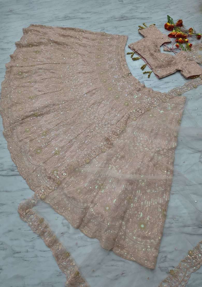 Peach Embroidered Georgette Lehenga Set for Diwali and Festive Wear - Indya