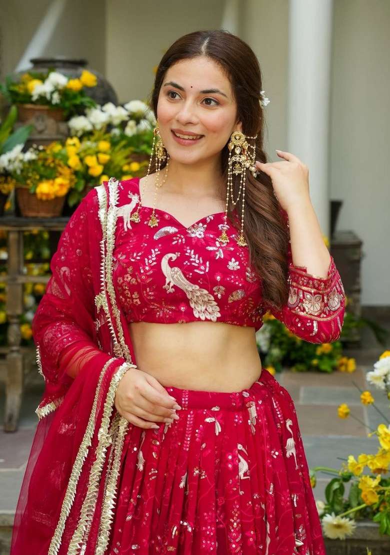 Red Georgette Lehenga Set with Embroidered for Diwali | Wedding & Festive Wear - Indya