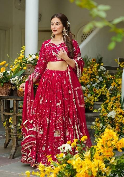 Red Embroidered Georgette Lehenga Set