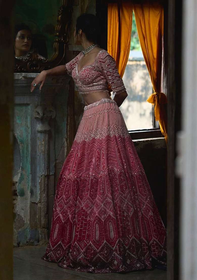 Multicolor Embroidered Georgette Lehenga Set - Indya